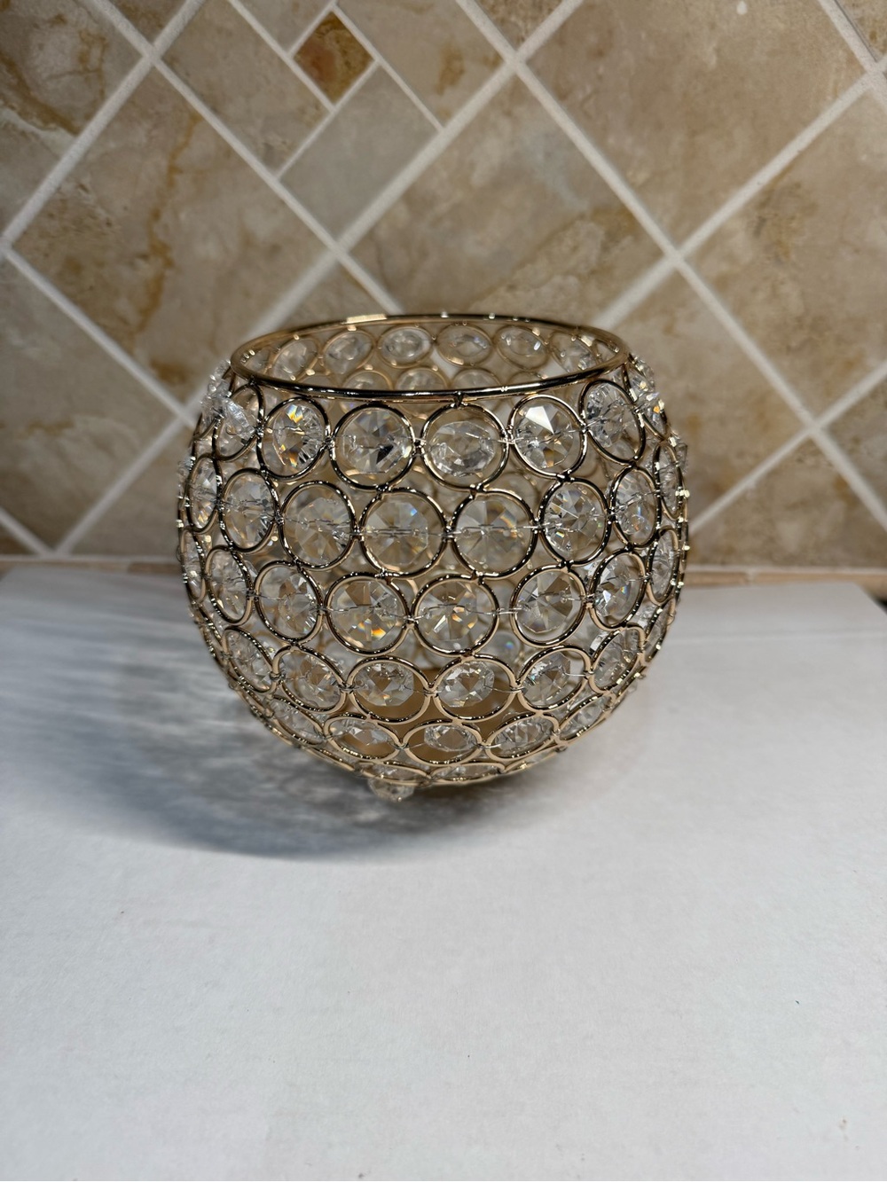 Gold Tone Crystal Rhinestone Round Votive Candle Holder Glam Table Decor 5”